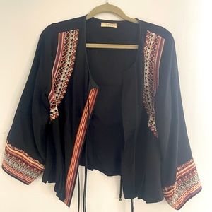DÔEN Priere Embroidered Blouse Top Jacket Black Pintuck Balloon M